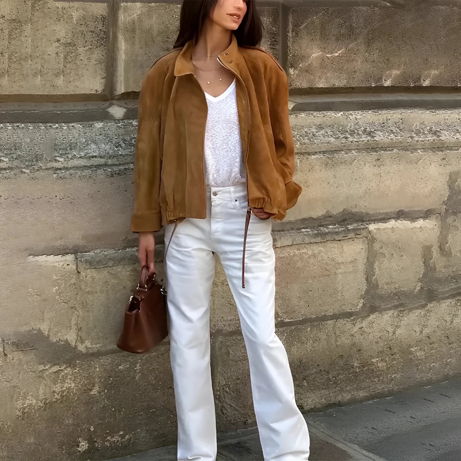 Retro loose fit solid colour polyester jacket with long sleeves on a model.
