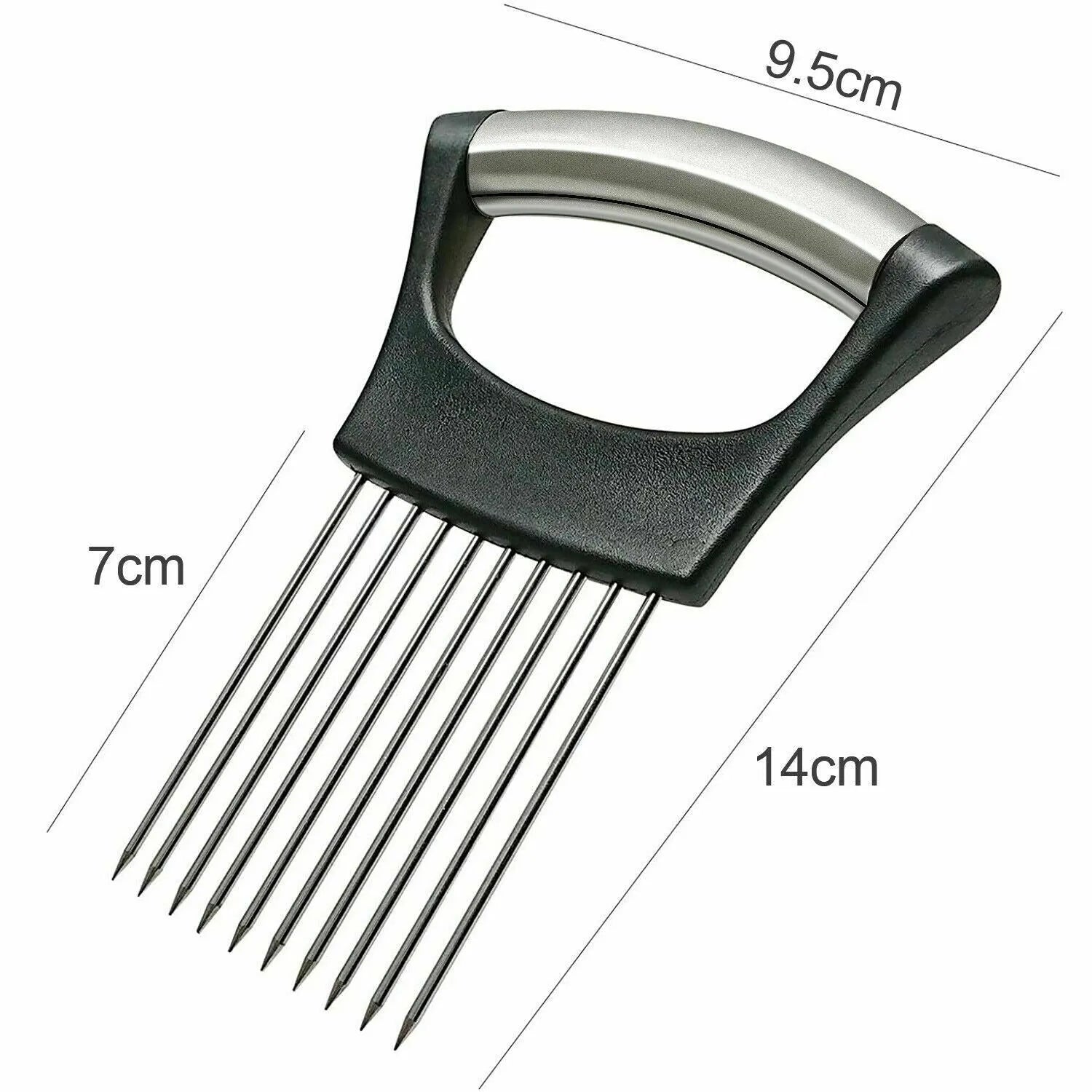 Stainless steel and ABS plastic food slice assistant for holding onions and tomatoes during cutting