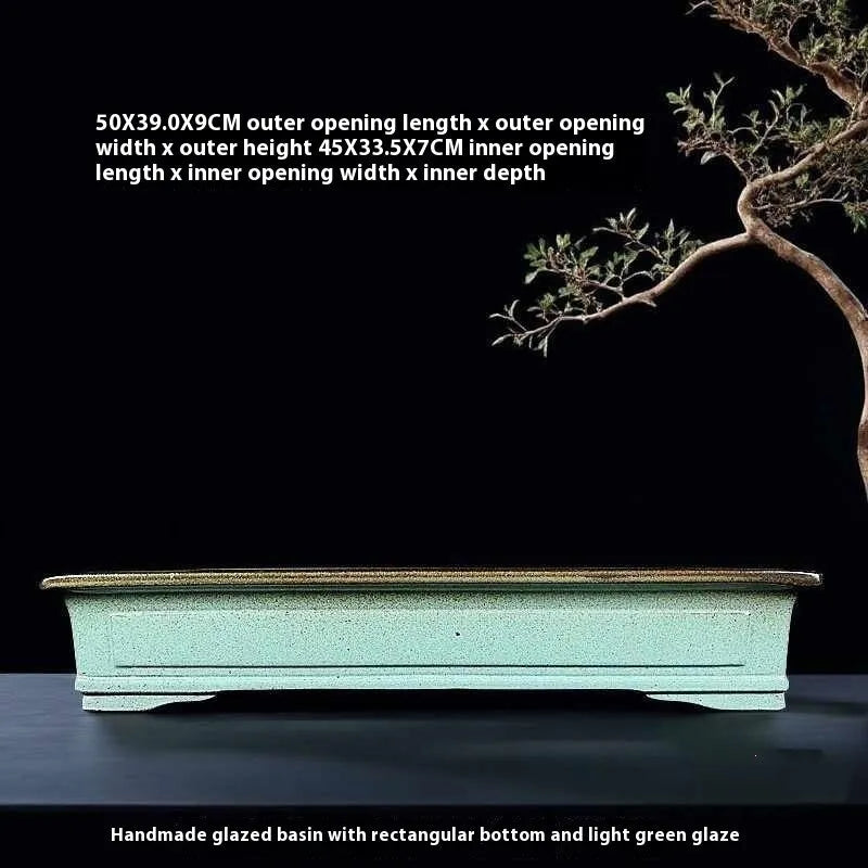Green retro style handmade ceramic bonsai pot with purple sand crackled glaze