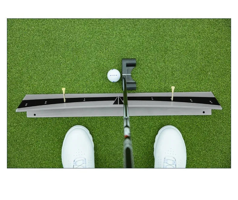 Golf putter trajectory balance simulator with adjustable push rod balancer on PVC frame