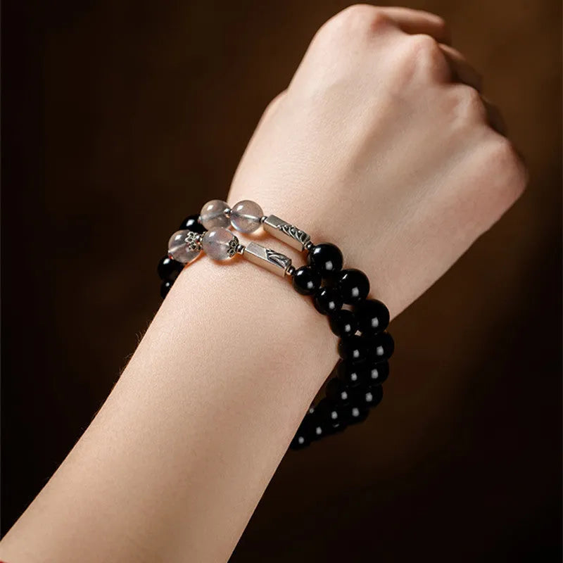 Obsidian Buddha beads DIY couple bracelet kit with 8mm and 10mm beads in traditional national style