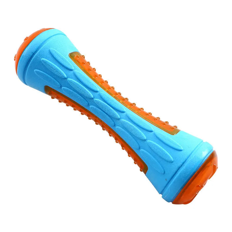 Three TPR floating dog toys: a ball, barbell, and tyre with bumpy textures for water fetch