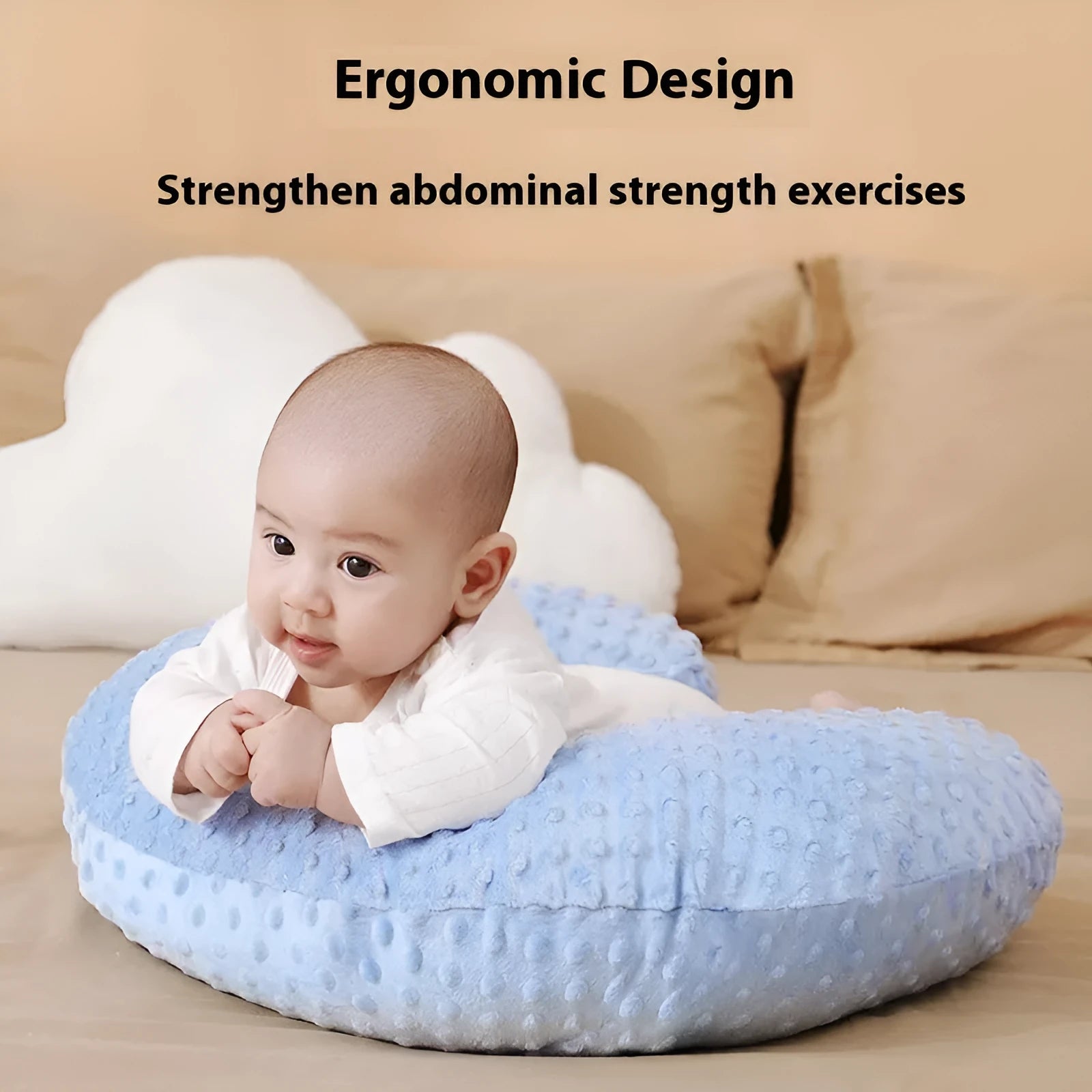 Grey nursing pillow with milk spill prevention feature for breastfeeding support