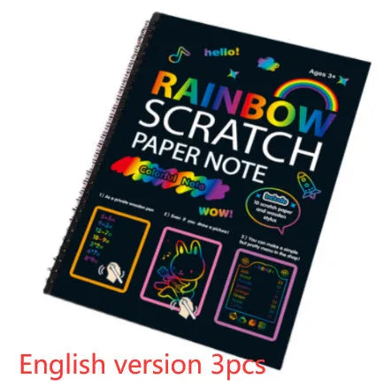 Large colourful children's scratch art paper measuring 26 by 19 centimetres with scraping tool.