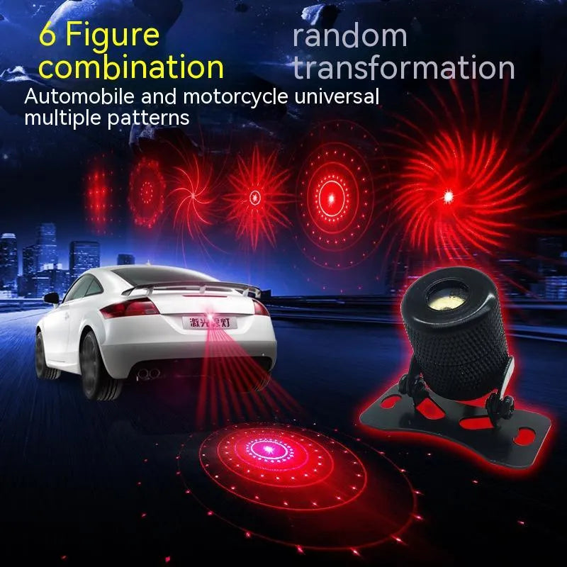 Red laser fog lamp for car or motorcycle with aluminium housing, shown with screws and mounting tape.