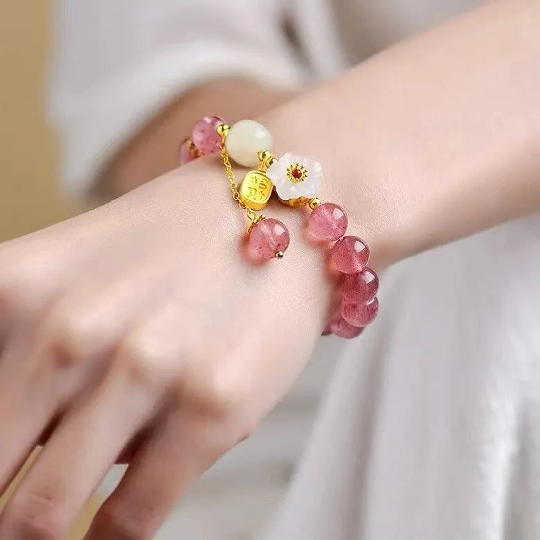 Hetian jade peach blossom strawberry quartz crystal bracelet with natural crystal design