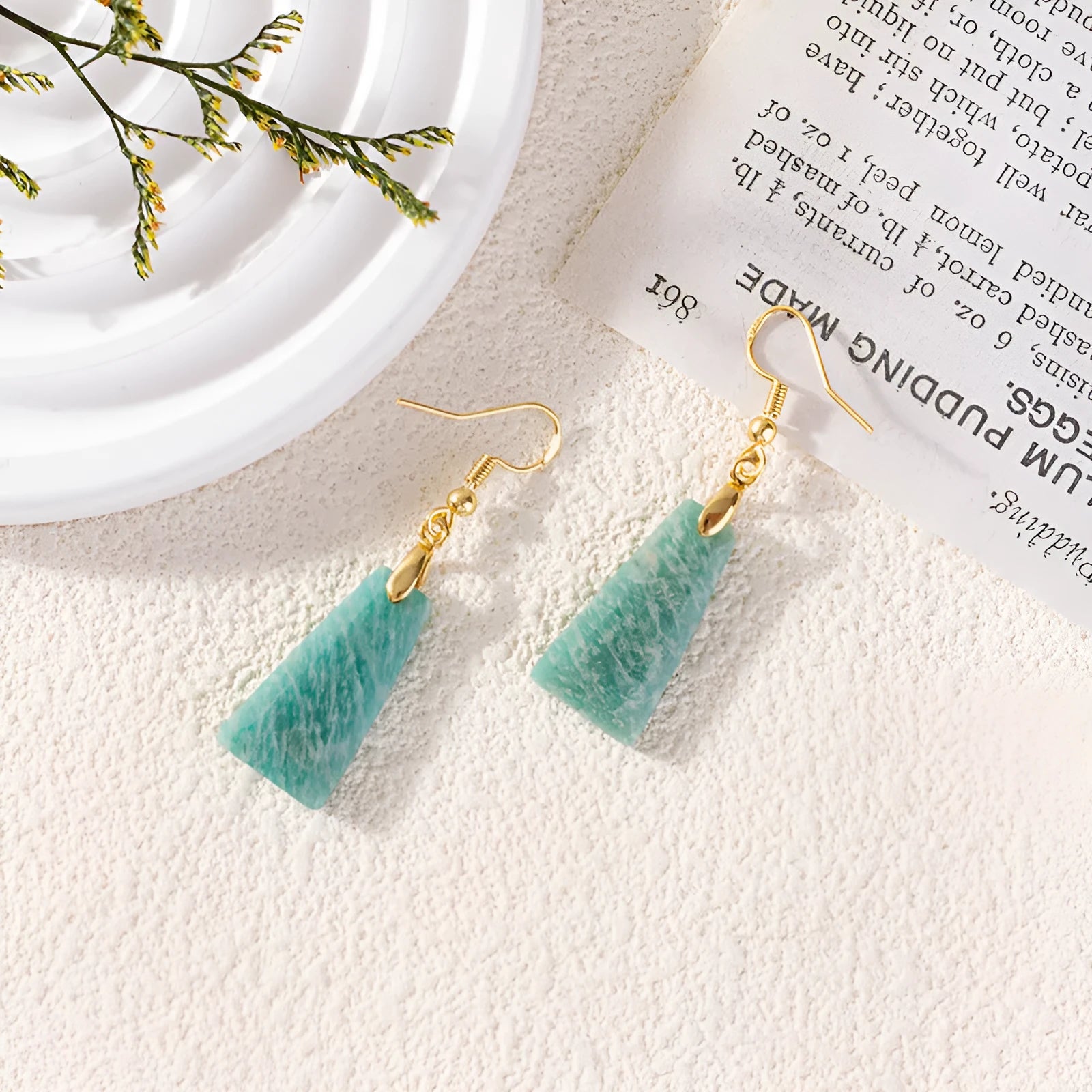 Amazonite rough stone trapezoid earrings with geometric octagon design in gold colour