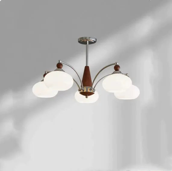 Persimmon glass ceiling chandelier with chrome frame and multiple glass lampshades in a Middle Ancient style.
