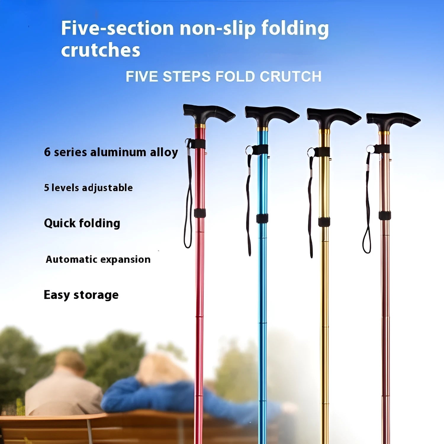 Aluminium folding walking stick extended to show height adjustment and non-slip rubber handle