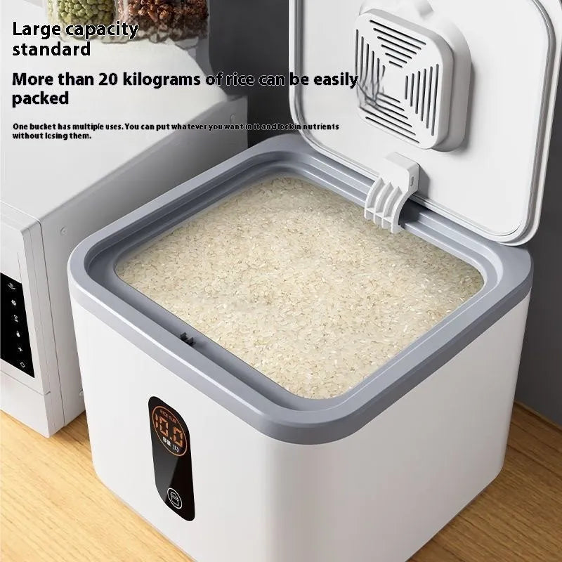 Grey plastic rice storage jar with lid and measuring cup in insect-proof moisture-proof design