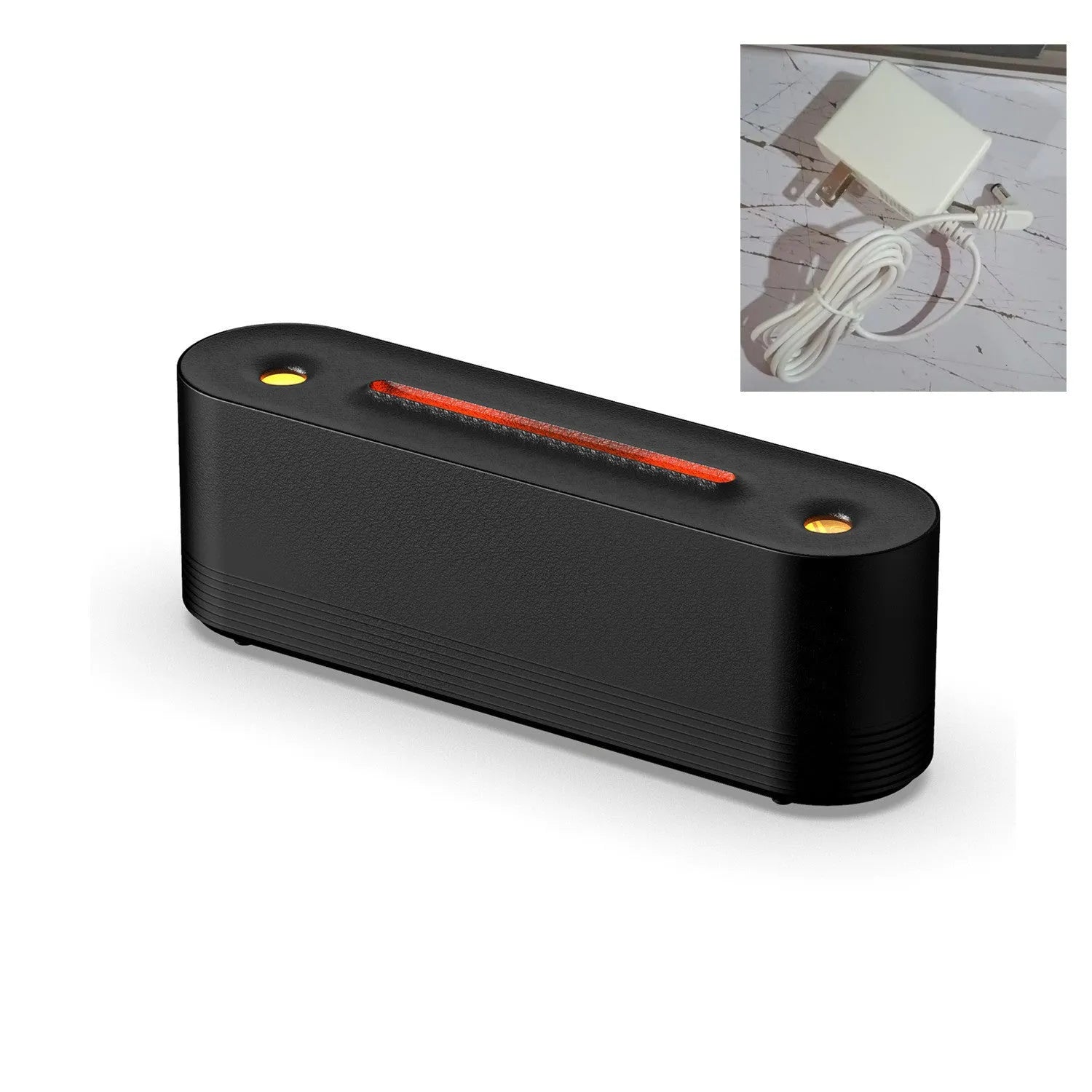 Black and white ultrasonic humidifier with flame LED lights and water mist output