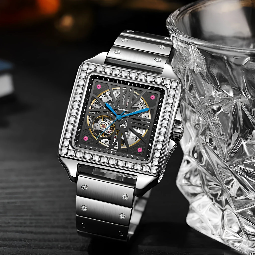 Men's square automatic watch with diamond-studded bezel on a steel bracelet