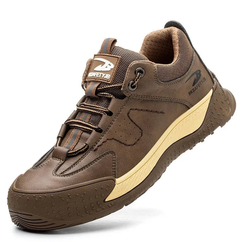 A pair of Flyknit leather work shoes with a rubber sole, shown in a choice of colours.