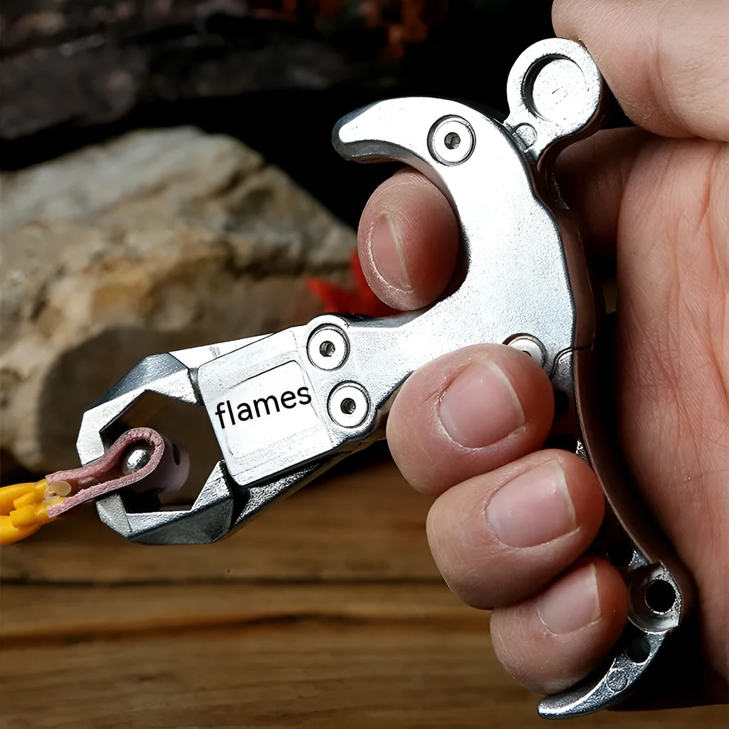 Zinc alloy hand-held flame dispenser tool with two-axis harpoon clip release mechanism