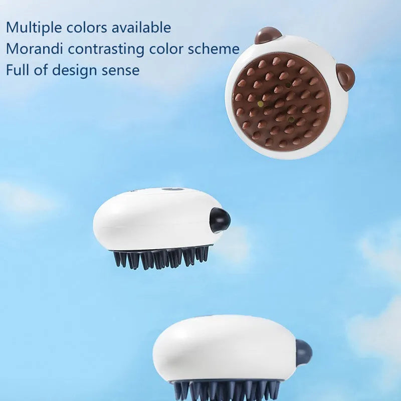 Panda-shaped silicone pet bath brush with soft bristles for washing cats and dogs.