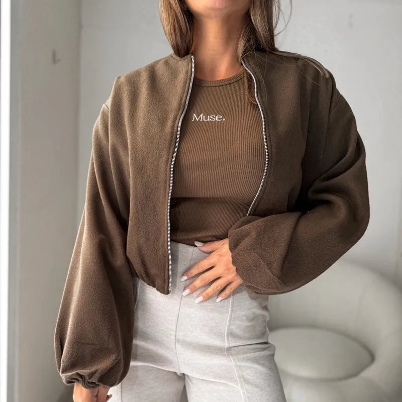 Women's off-shoulder coat with lantern sleeves in polyester fabric, shown in milky white colour with round neck and loose fit