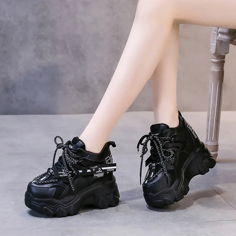 Women's white breathable mesh platform tennis shoes with cross-strap and 6-8cm heel