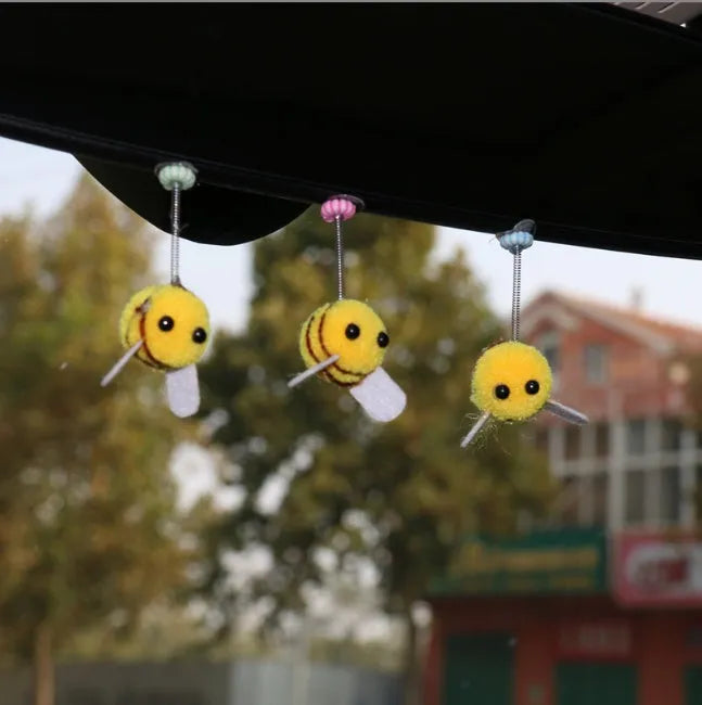Cartoon bee car decoration with fur ball material and swing spring, 3cm size