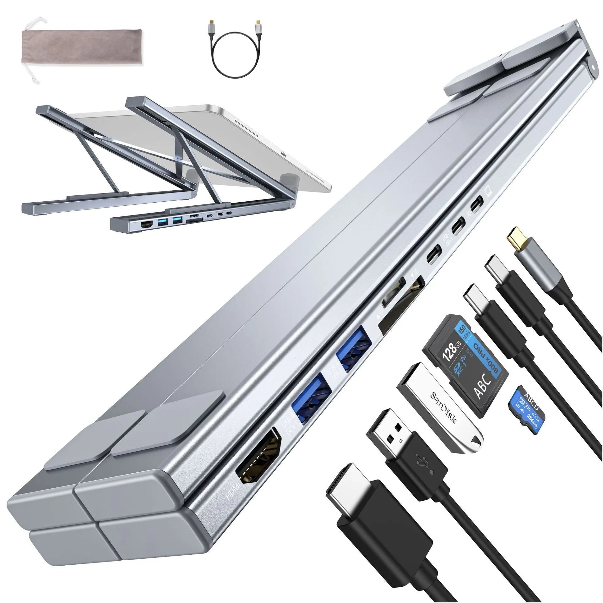 Aluminium alloy folding laptop docking station stand with multiple interface ports