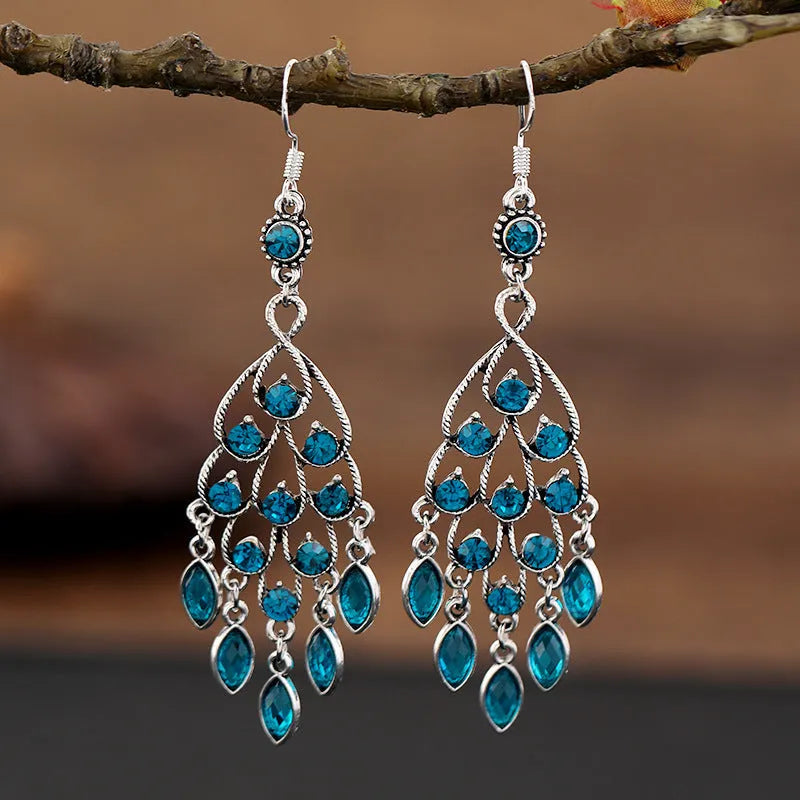 Purple long fringe drop earrings with crystal detailing and retro ethnic style