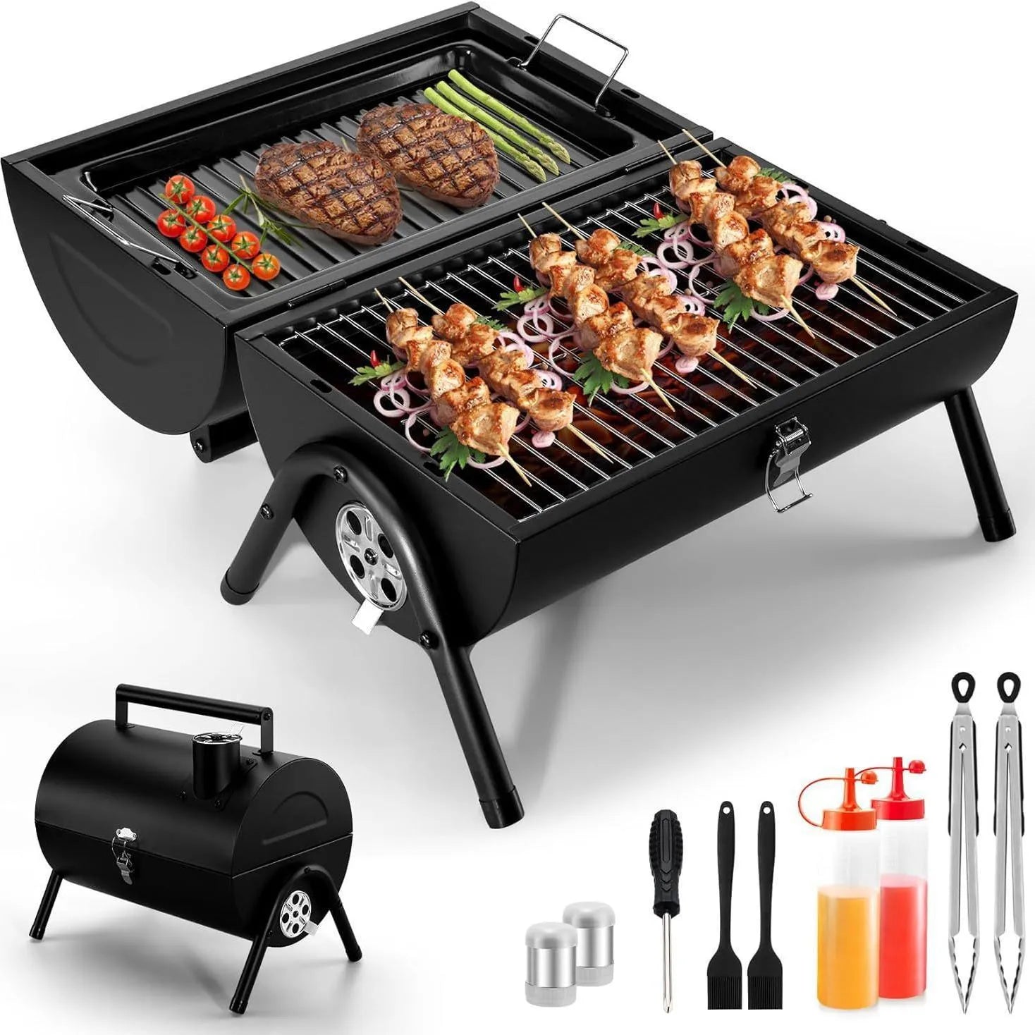 Small black folding desktop barbecue smoking device with charcoal stove and grill.