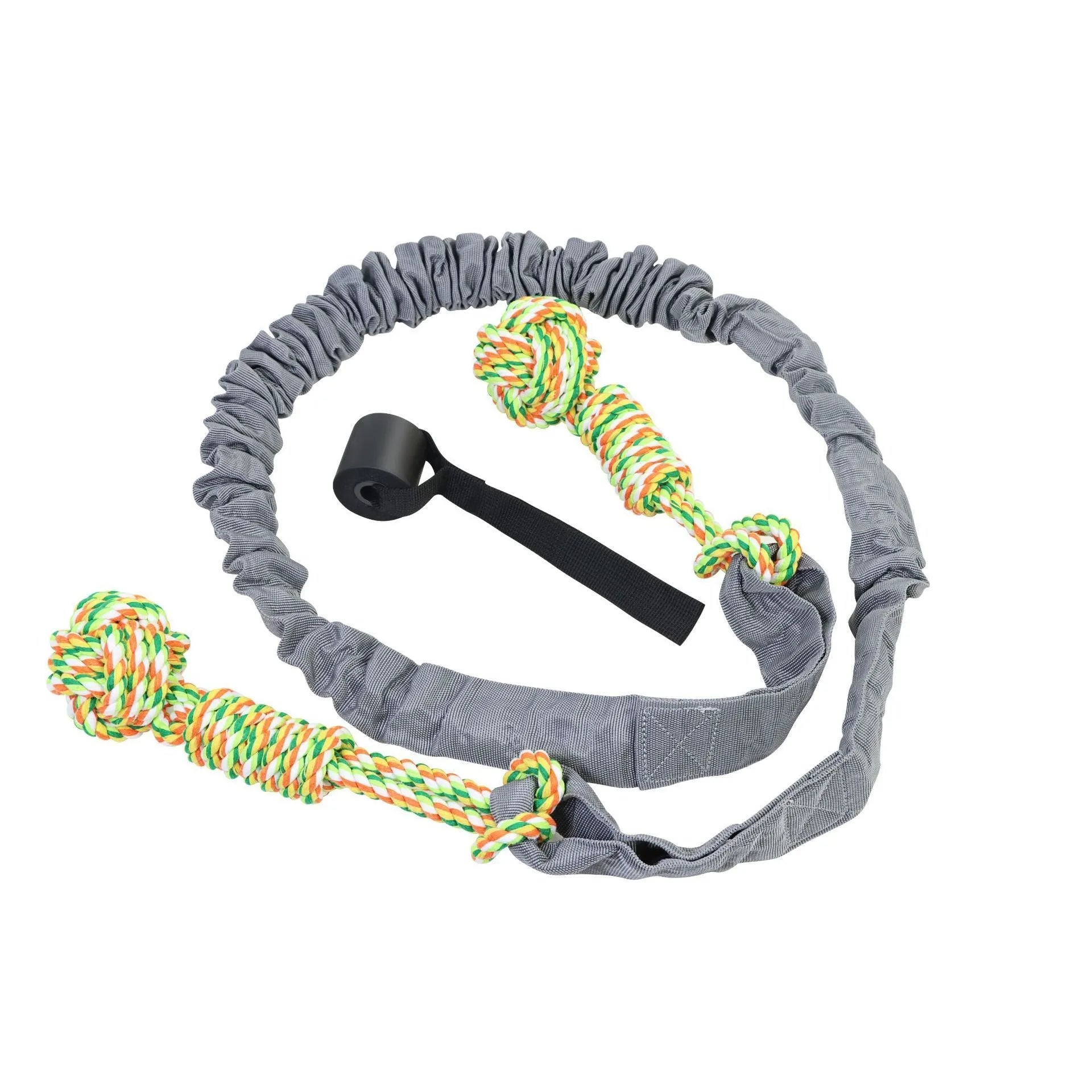 A durable cotton thread dog tug-of-war rope toy for chewing, shown in black, grey, and red colour options.
