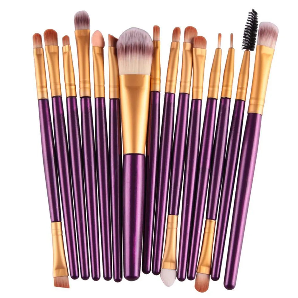 18-piece makeup brush set showing various brush types including fan-shaped brushes for contouring