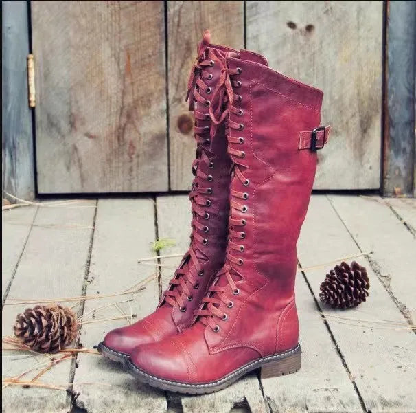 Women's black casual high leg boots with a chunky low heel and round toe