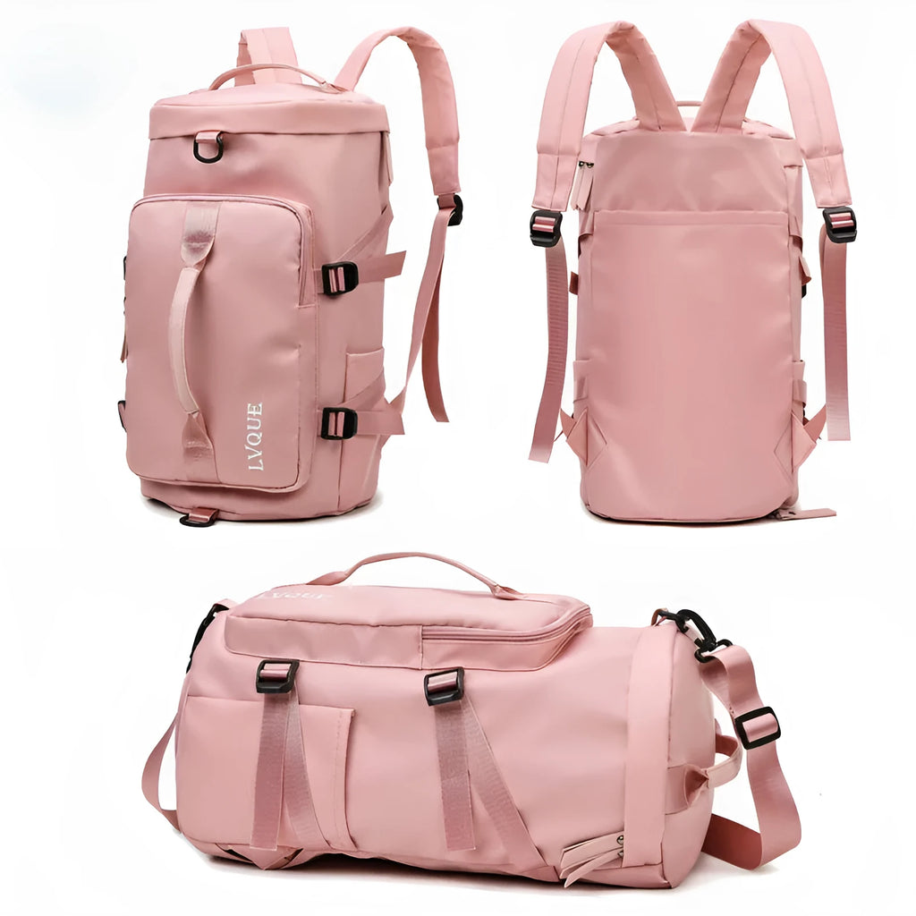 Black waterproof nylon convertible gym backpack with combination lock, shown with multiple pockets and air cushion straps.