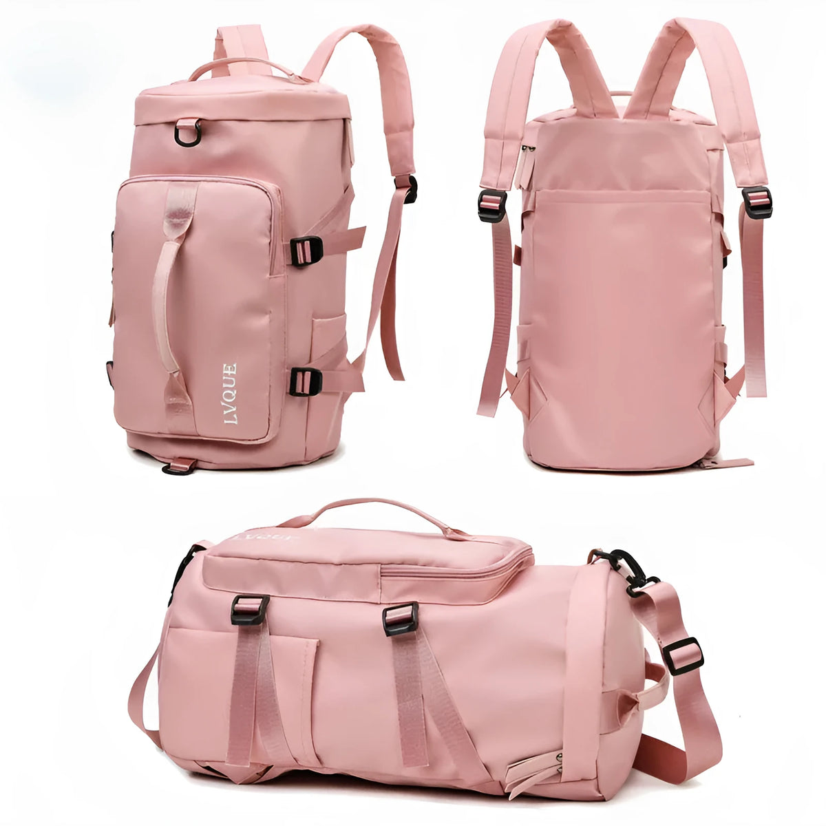 Black waterproof nylon convertible gym backpack with combination lock, shown with multiple pockets and air cushion straps.