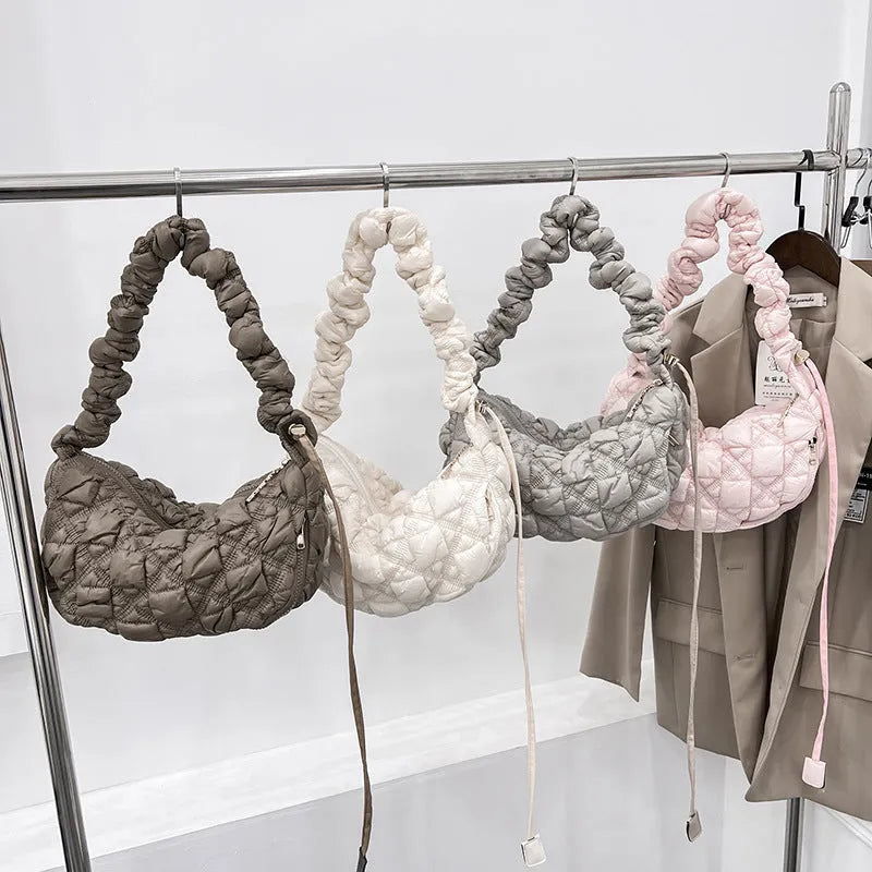 Women's casual nylon underarm shoulder bag in beige with adjustable strap, showing 35cm width