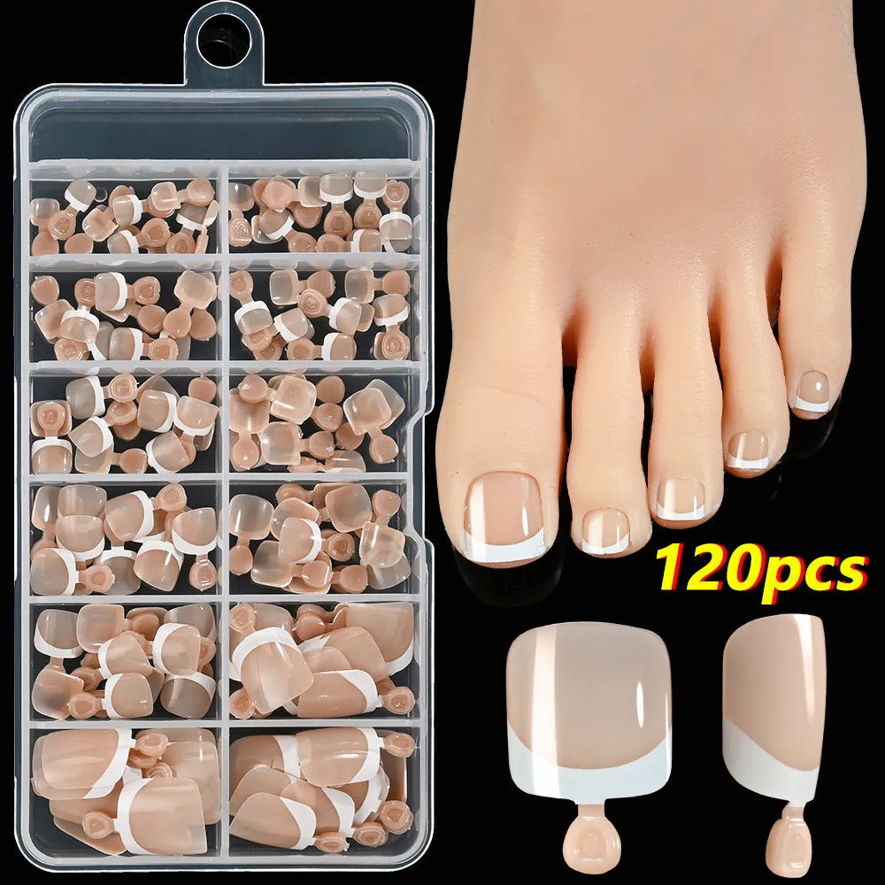 Box of 120 French white tip artificial toenails in nude colours, square short shape.