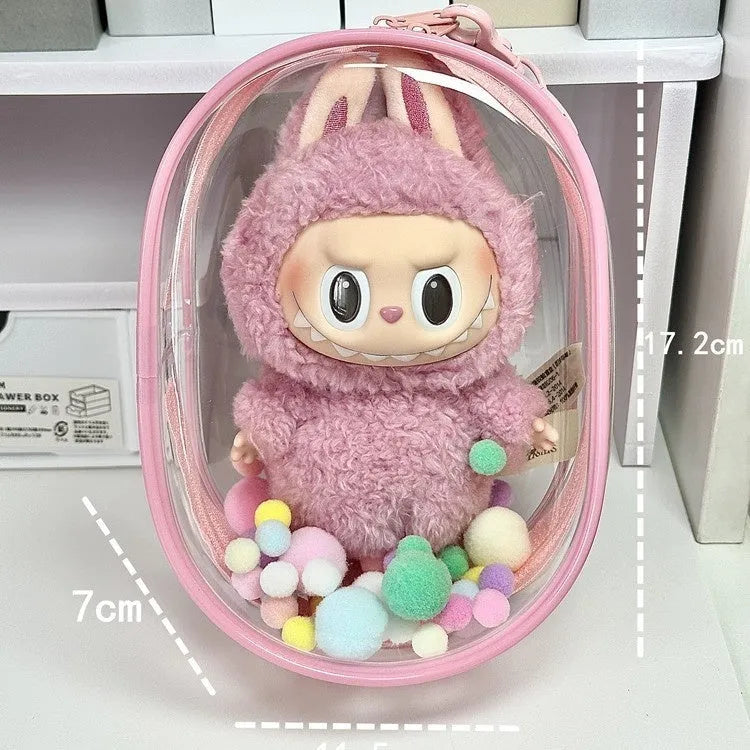 Transparent PVC cube storage bag for cotton dolls with keychain in multiple colour options