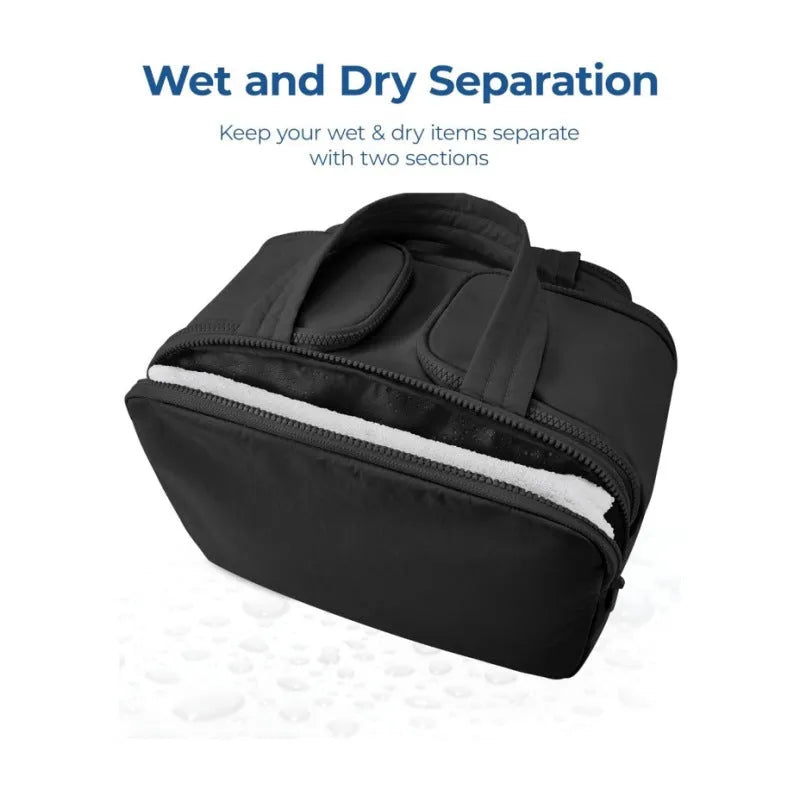 Large polyester travel wash bag with wide opening in black colour showing dimensions of 29.97 x 18.54 x 21.08cm