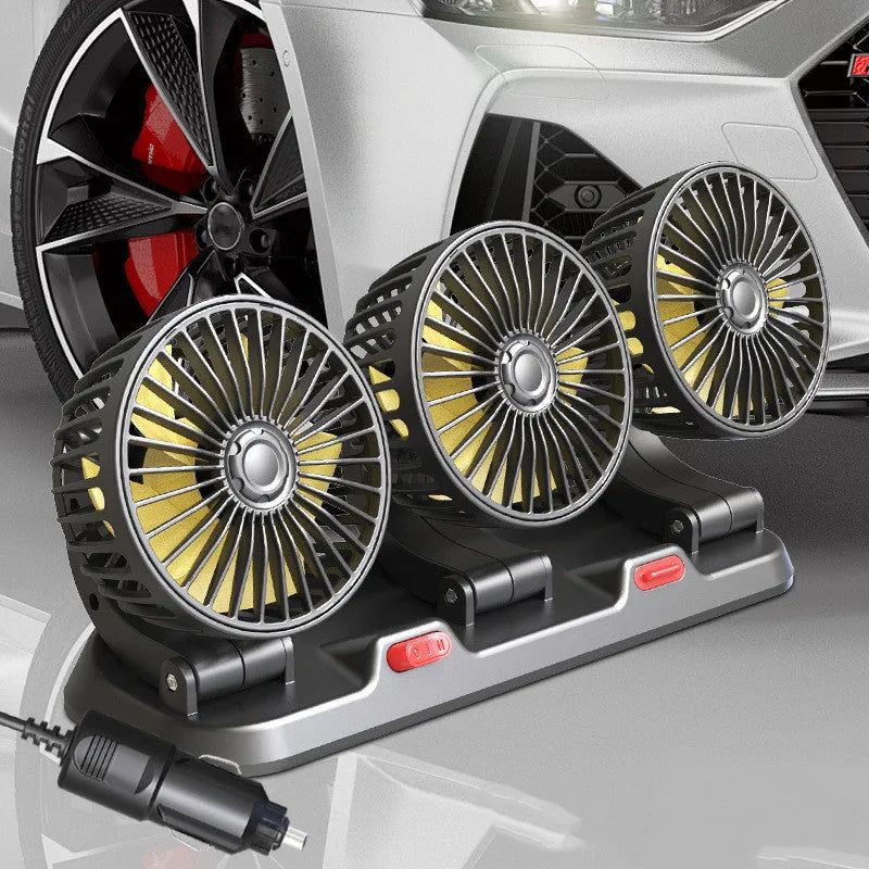 12V automotive three-head cooling fan with ABS motor and long cable for car, van, or truck use.