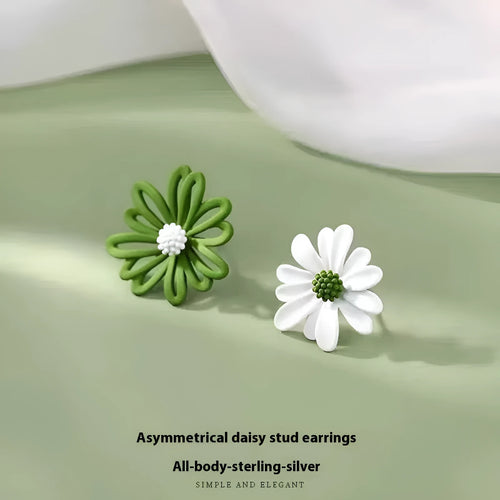 Alloy cartoon flower stud earrings in blue and orange, white and green, or yellow and white two-tone colours.