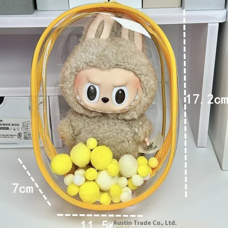 Transparent PVC cube storage bag for cotton dolls with keychain in multiple colour options