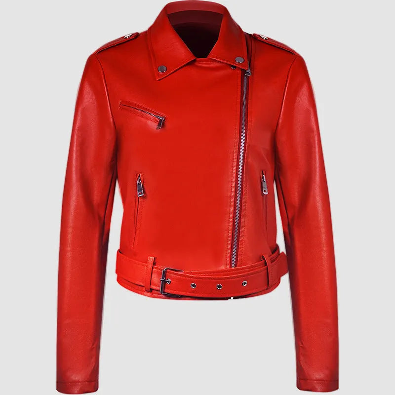 Women's black PU leather motorcycle jacket with lapel short belt, regular sleeves