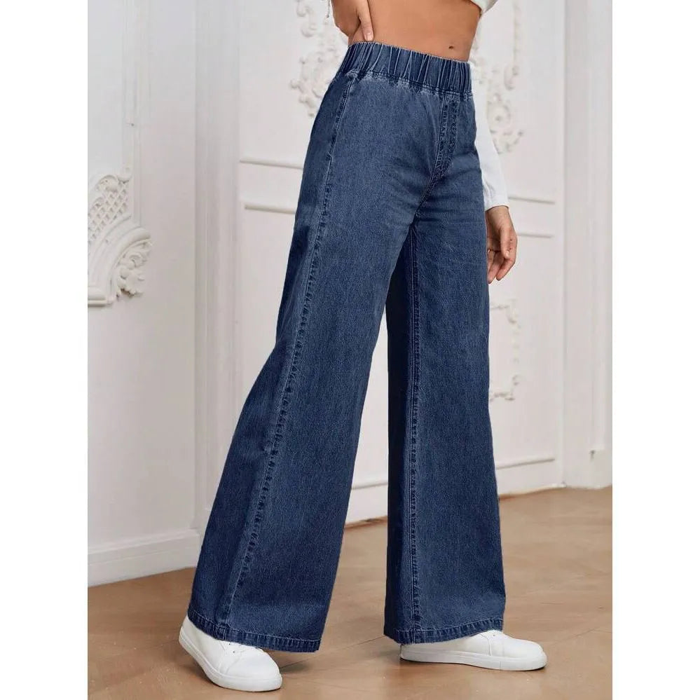 Plus size light blue washed denim jeans with wide-leg straight cut and mid-rise waist
