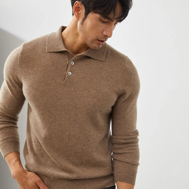 Men's cashmere pullover sweater with polo collar in loose fit, shown in sapphire blue colour