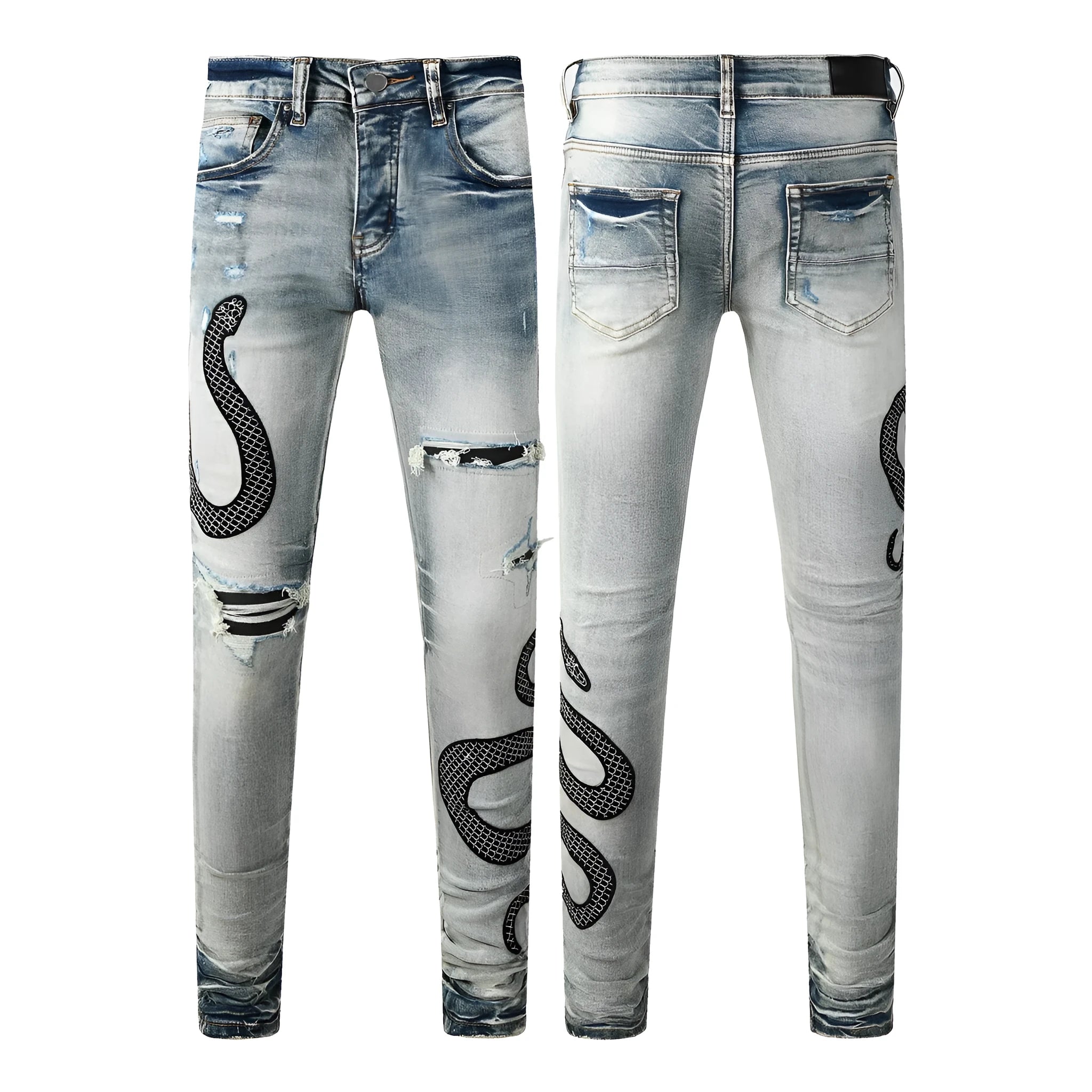 Blue distressed skinny jeans with button fly closure and micro elastic cotton fabric