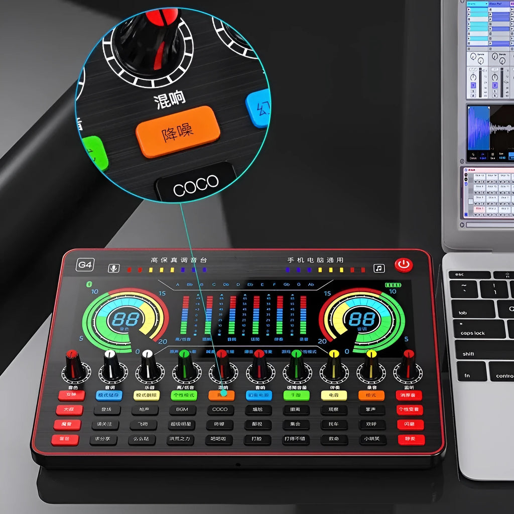 G4 professional audio sound card mixer with colour LCD screen, multiple knobs, and a microphone on a black background.