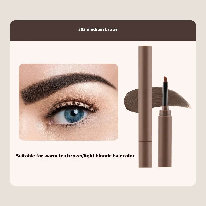 Double-headed eyebrow cream tube shown next to swatches of its five colours: reddish brown, brown, light brown, dark brown, and black.