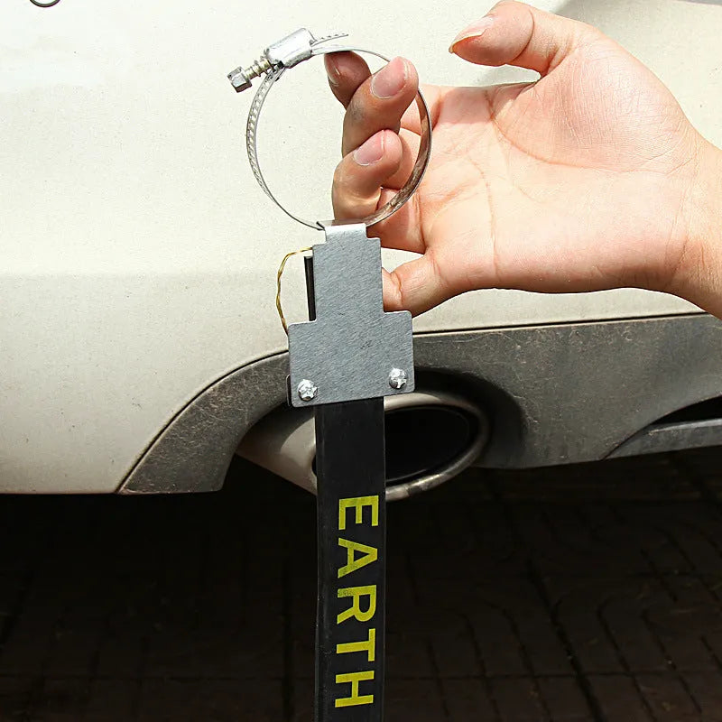 Black car electrostatic grounding belt with copper wire and rubber construction, 370mm long, shown detached.