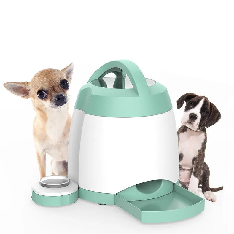 Light green automatic dog feeder with push button, USB powered, 20x20x24cm, non-toxic material