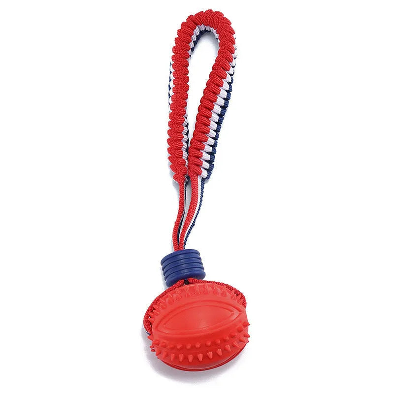 Blue rubber dog ball with attached rope toy measuring 6.5cm diameter