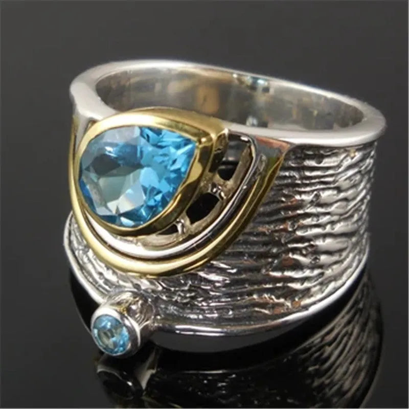Chinese style women's blue zircon alloy ring with drop shape design