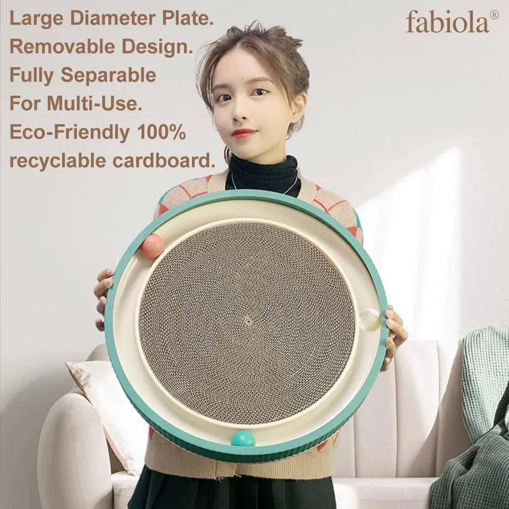 Large circular green and white cat scratching board with bell balls and a refillable cardboard core.
