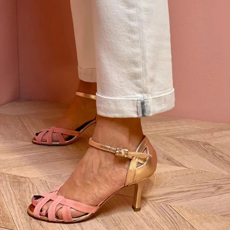 Plus size peep toe sandals with buckle fastening in pink, purple, green, or black colours