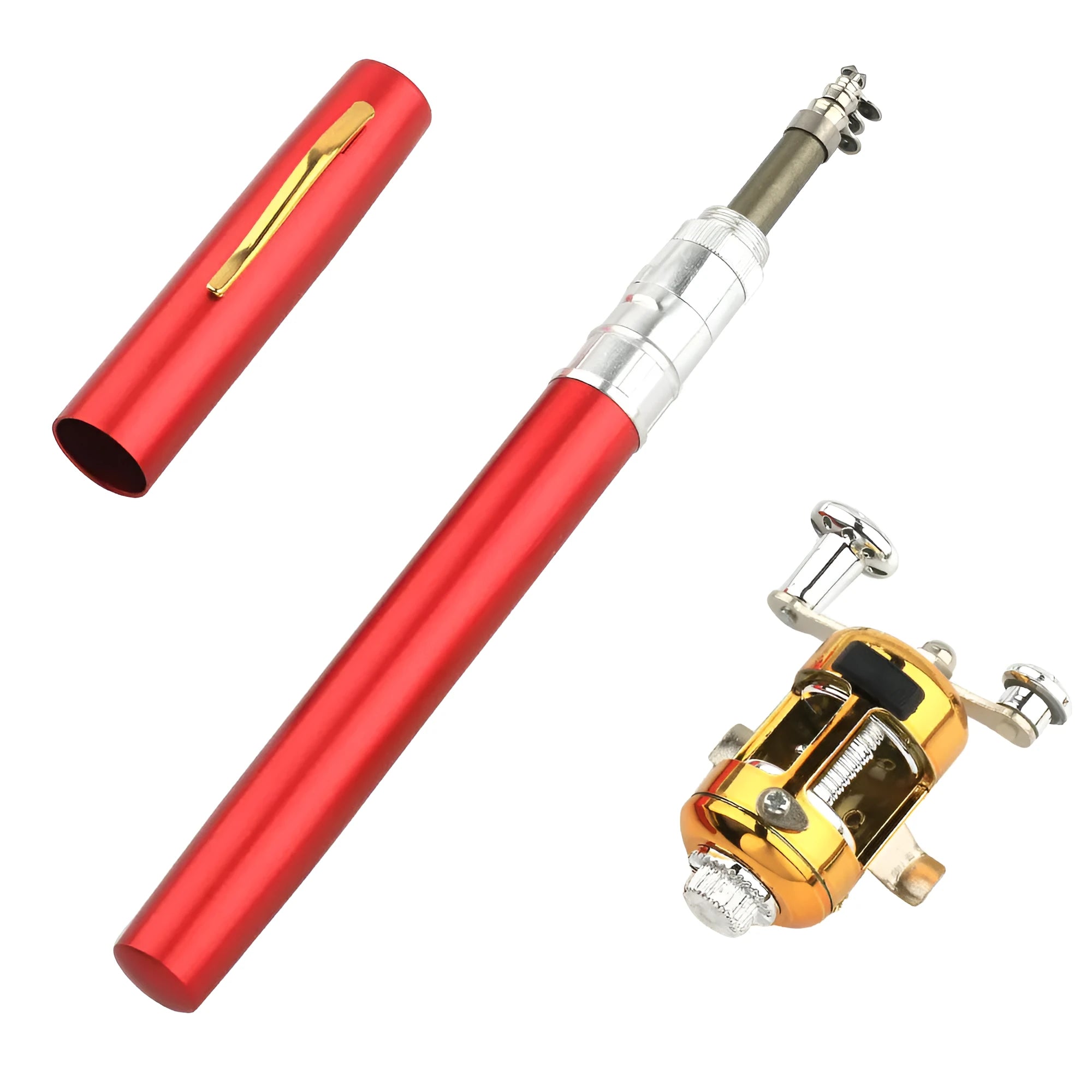 Portable telescopic fishing rod and drum kit in aluminium case, colours include gold, black, silver, red, blue, purple.